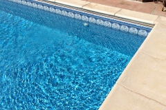 Denver pool with custom flagstone deck and concrete coping, automatic cover tracking and coping detail
